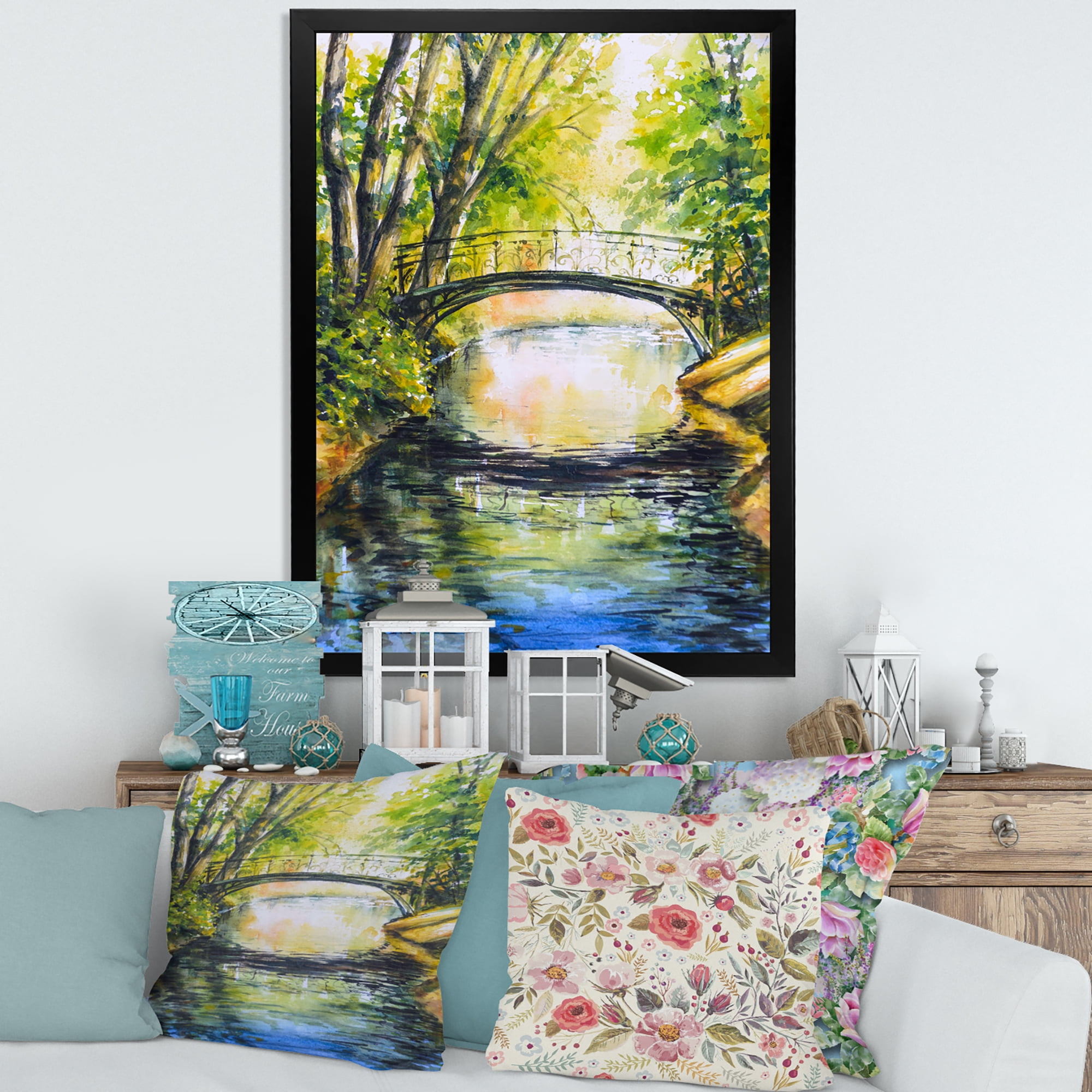 Designart 'Forest Park With Bridge Over Troubled Water' Lake House Framed Art Print