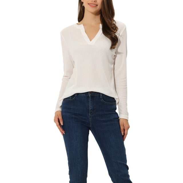Unique Bargains Hauts Décontractés Ajustés à Col en V pour Femmes Manches Longues Blanc TP