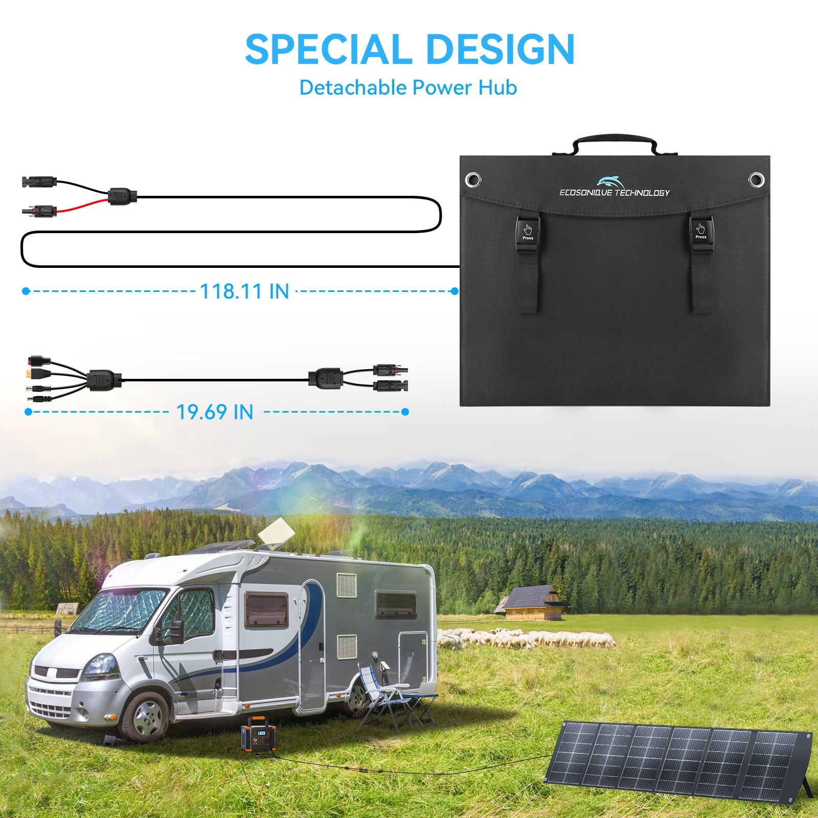Ecosonique 200W Portable Solar Panel for Power Stations, Foldable & Lightweight with Kickstand, USB-C PD3.0 & USB-A QC3.0, MC4 & Multi-Output for Solar Generators, RVs, Camping, and Outdoor Use