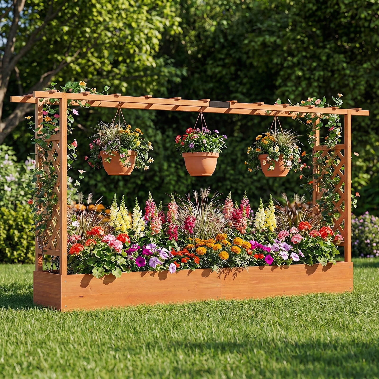 Costway 2 PCS Wooden Raised Garden Bed with Trellis Hanging Roof Drainage Holes for Flowers Orange
