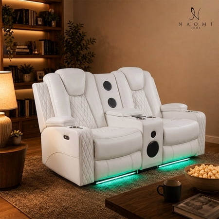 Chicago Power Recliner Loveseat for Home Theater Seating - White | Enjoy theater comfort with Bluetooth speakers, wireless charging, LED lighting, USB ports, hidden storage and premium comfort