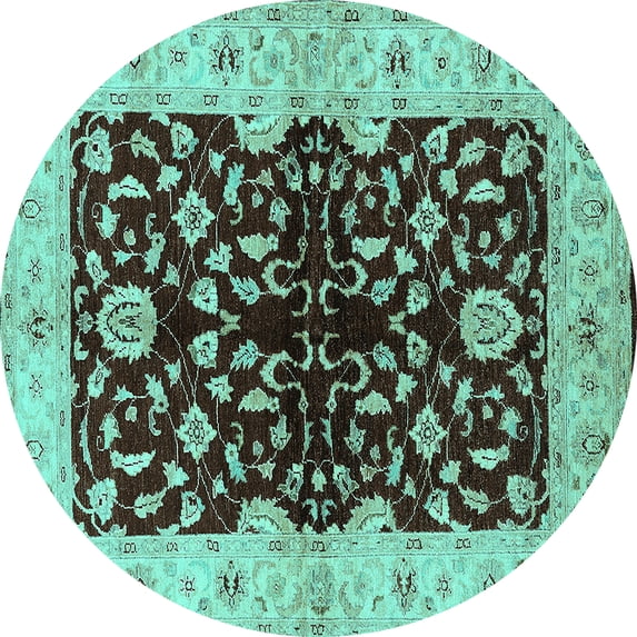 Ahgly Company Machine Washable Indoor Round Oriental Turquoise Blue Industrial Area Rugs, 5' Round