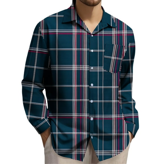 RongHuan Mens Big and Tall Button Down Shirts Lightweight Trendy Plaid Regular Fit Shirt Casual Long Sleeve Shirt Jacket with Pocket