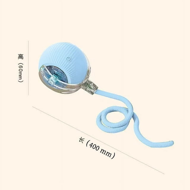 LSLJS Automatic Pet Toy Ball Self-entertainment Artifact with Rope, designed for cats. The toy features a light blue spherical design with a textured surface and a transparent section revealing internal components. A 400mm long blue rope is attached for added interaction. Made from safe, durable materials, it includes a rechargeable power supply for continuous play. Ideal for stimulating natural hunting instincts and providing hours of entertainment.