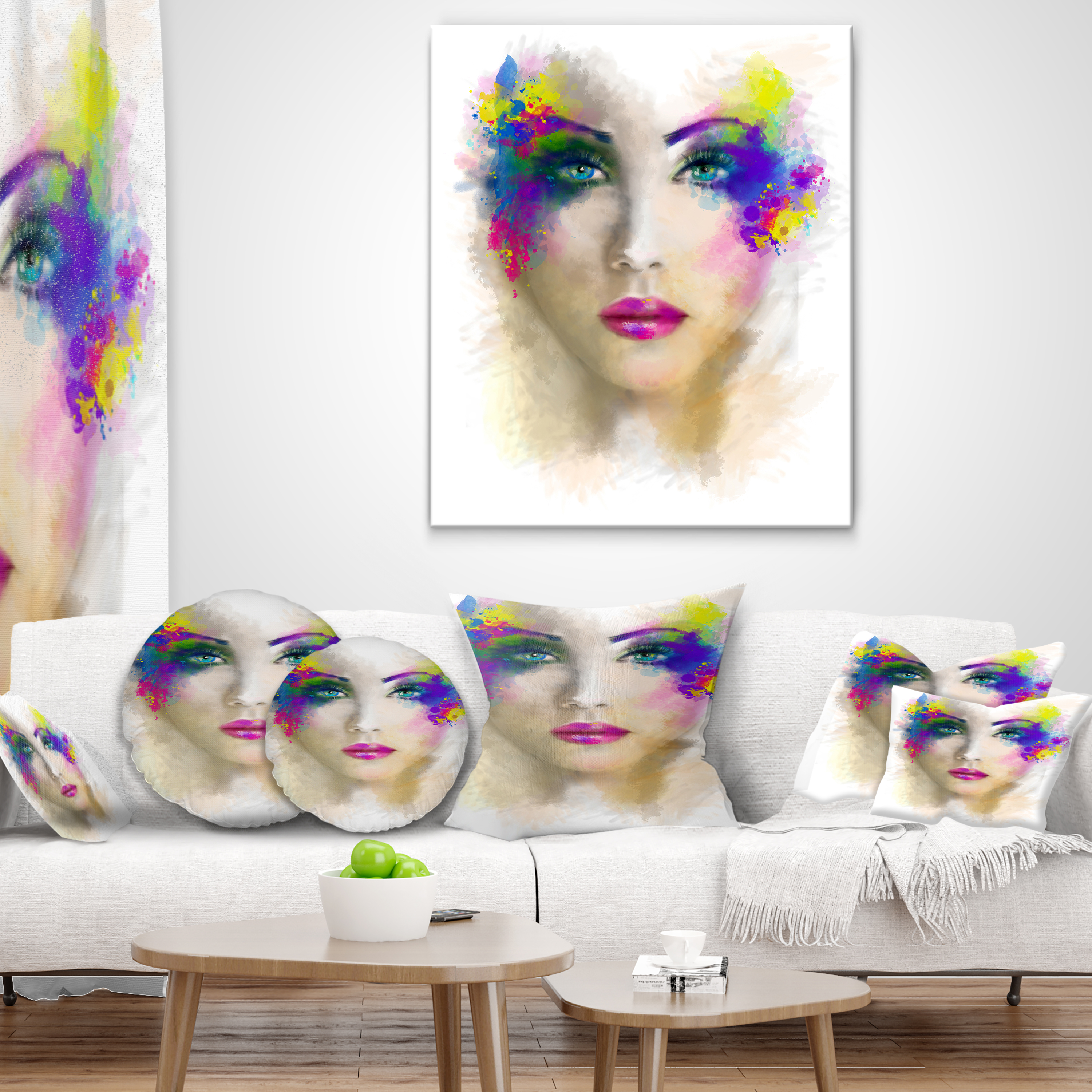 Designart Fantast Woman with Blue Flowers - Abstract Portrait Throw Pillow - 12x20