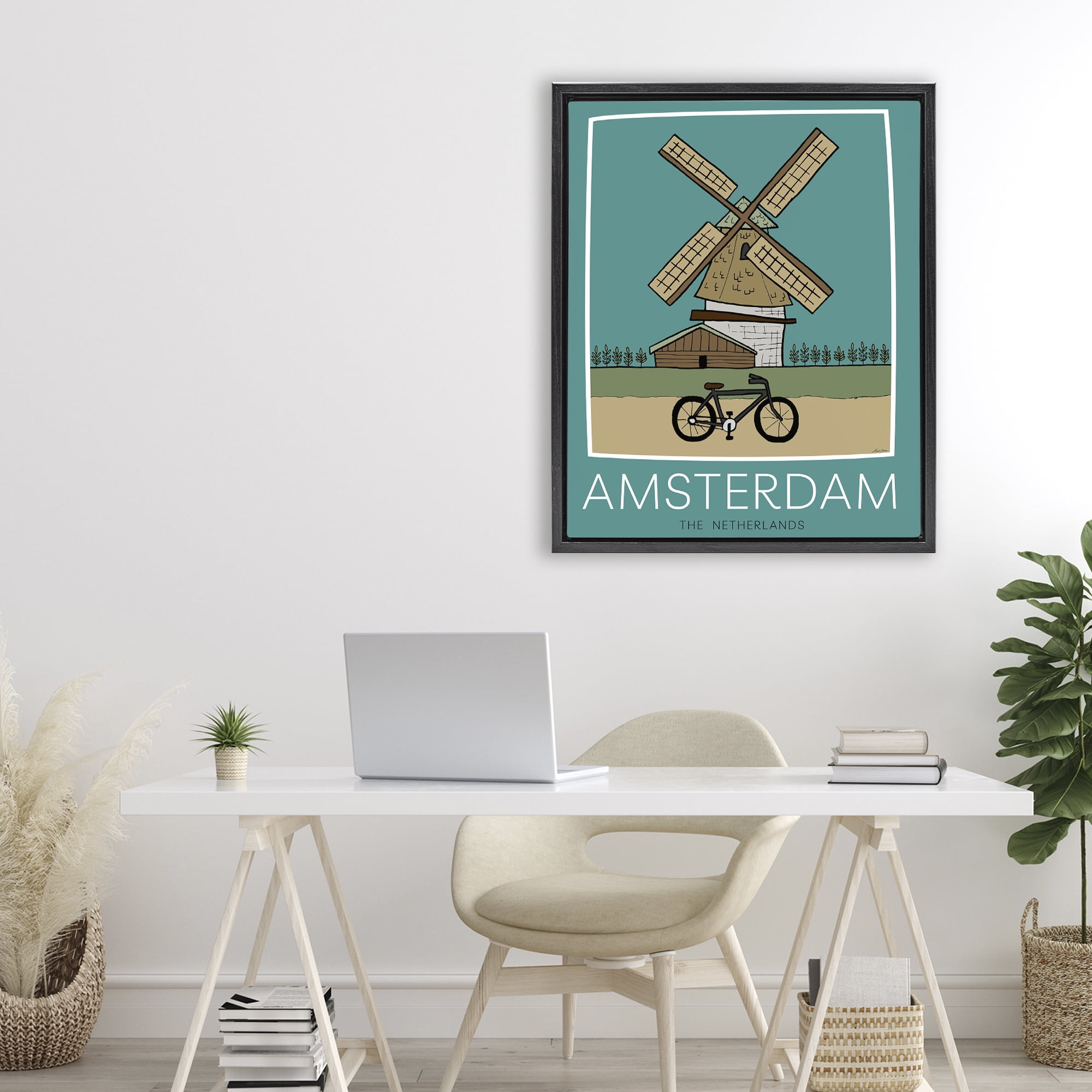 Stupell Industries Amsterdam Windmill Poster Black Framed Floater Canvas Wall Art, design by Hugo Edwins
