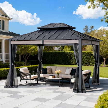 SUNJOY 10x12 Heavy-Duty Hardtop Gazebo with Mosquito Netting & Wood-Look Beams