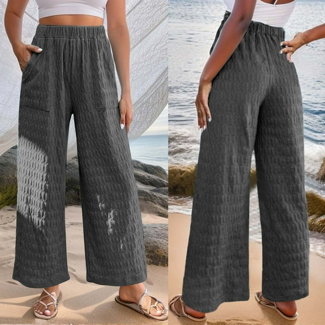Fankiway Pantalon Long Décontracté en Tissu Texturé avec Poche pour Femmes Grande Taille Liquidation