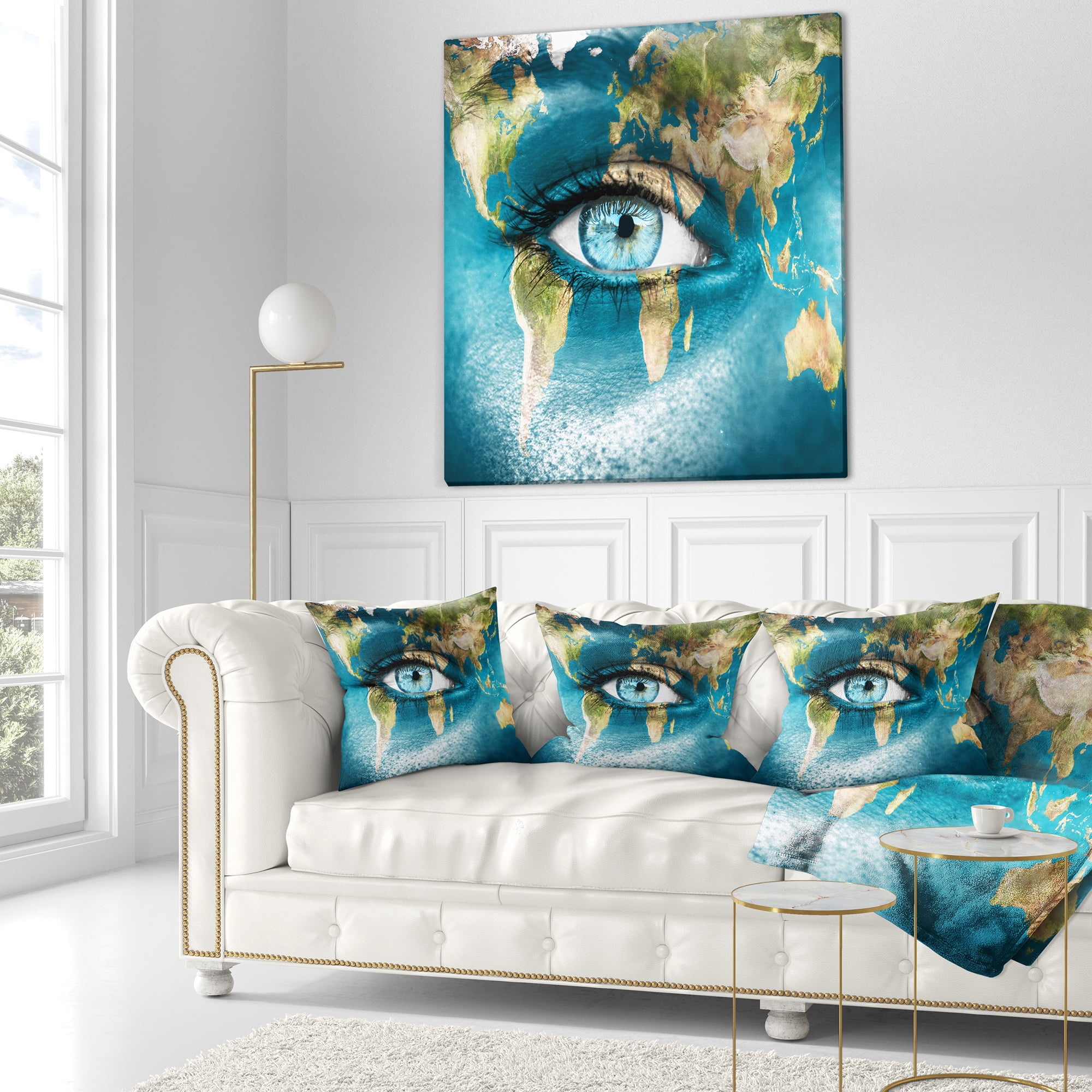 Designart Planet Earth and Blue Eye - Abstract Throw Pillow - 16x16