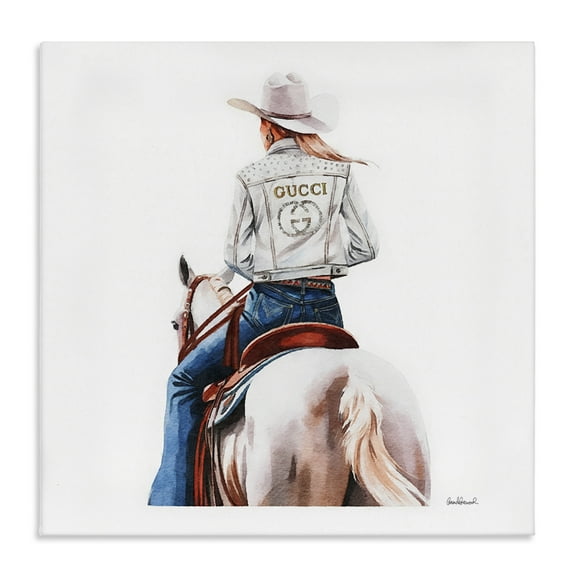 Stupell Industries Glitzy Cowgirl White Horse People Painting Wrapped Canvas Art Print Wall Art, 17 x 17