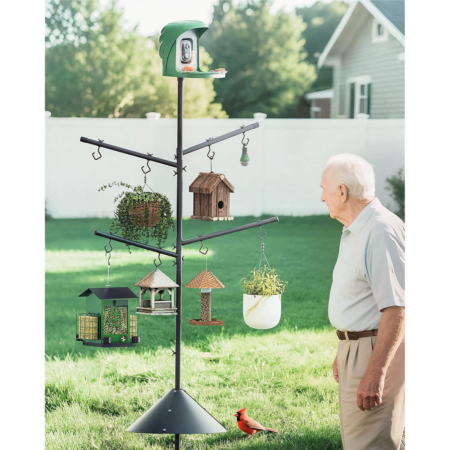 PerchMe Heavy-Duty Deluxe Bird Feeder Pole Station with Squirrel Baffle, Rotating Crossbars, and Hooks, 92-In. Max Height SF-BF-PS