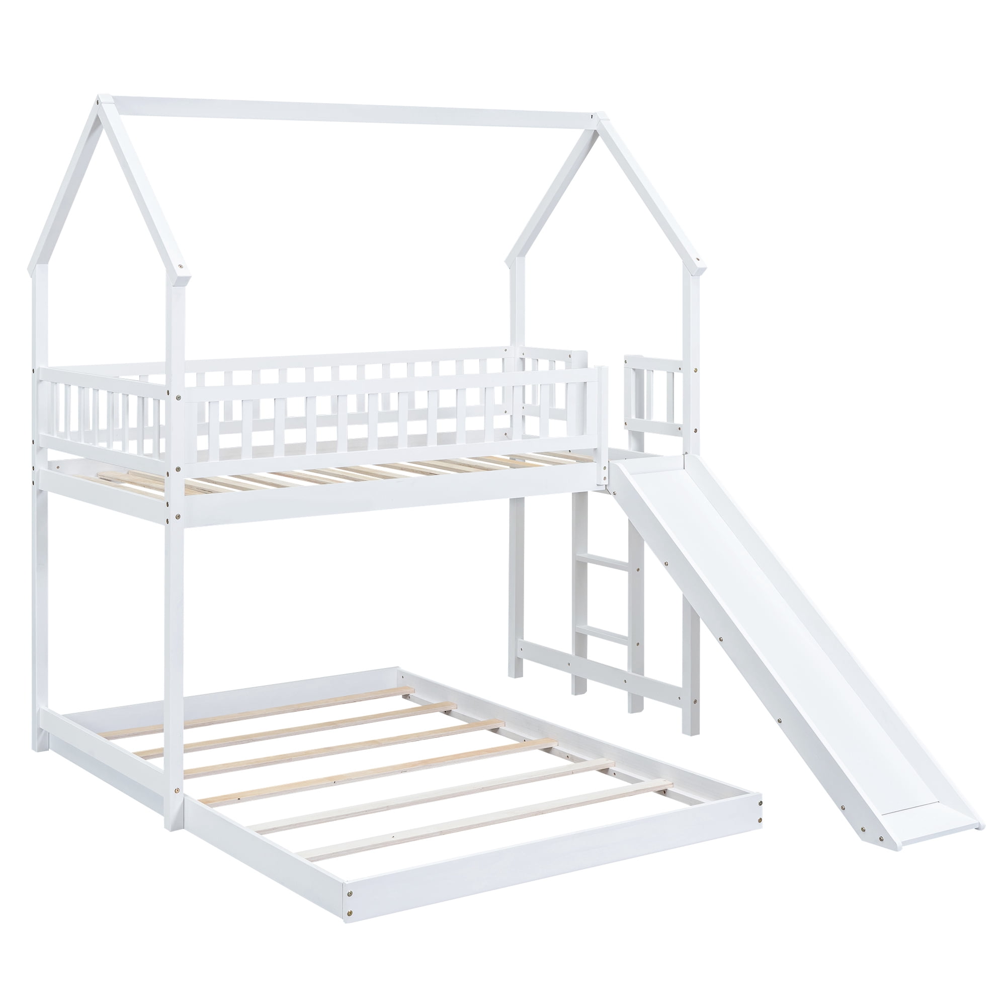 Twin Over Full House Bunk Beds with Slide, Kids Bunk Beds with House Shape Roof, Solid Wooden House Bunk Bed with Built-in Ladder, Full-Length Guardrail for Kids Teens Adults