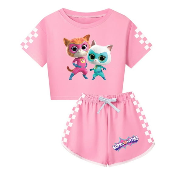 Girls SuperKitties Summer Set – 2-Piece Outfit with Cropped Shirt and Shorts for Children