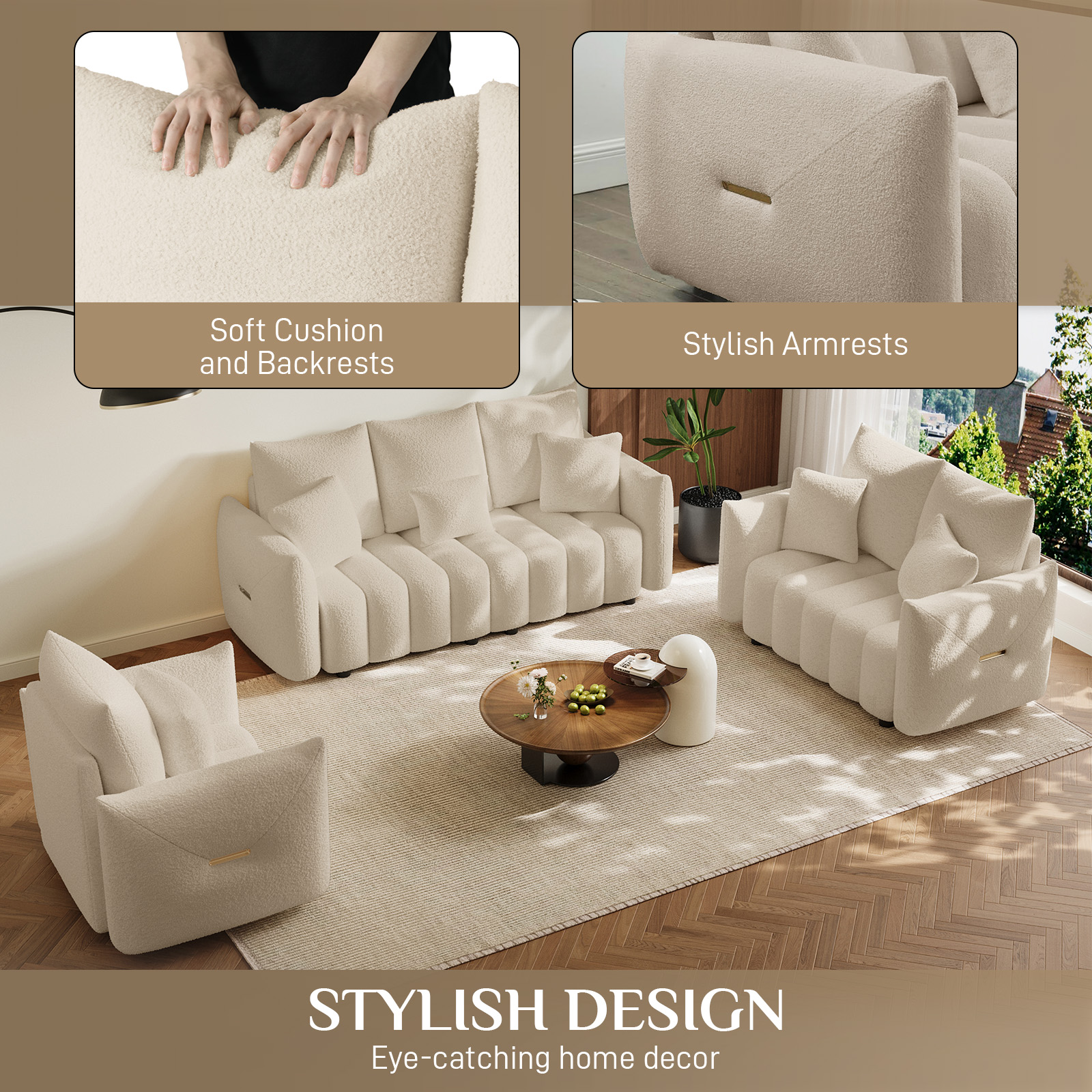 Wiilayok 33.5"D x 37.75"W Teddy Cloud Sofa Couch, Comfy Upholstered Sherpa Deep Seat Boucle Sofa, Cozy Modern Single Couch with 1 Pillows, Loveseat for Living Room Apartment Office, Brown