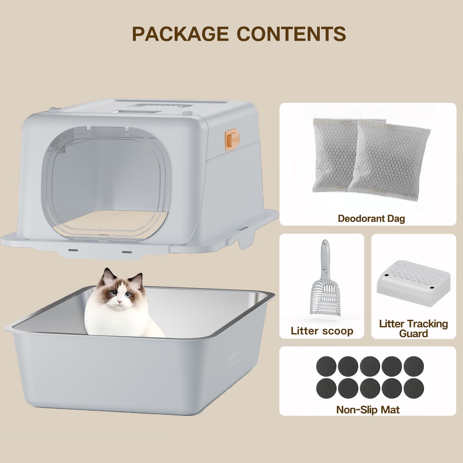 XX-Large Stainless Steel Cat Litter Box with Lid – Fully Enclosed Large Litter Box for Big Cats, Odor Control with Magnetic Door, Easy Clean, Multi-Cat Durable Metal Pan.(White-Gray)