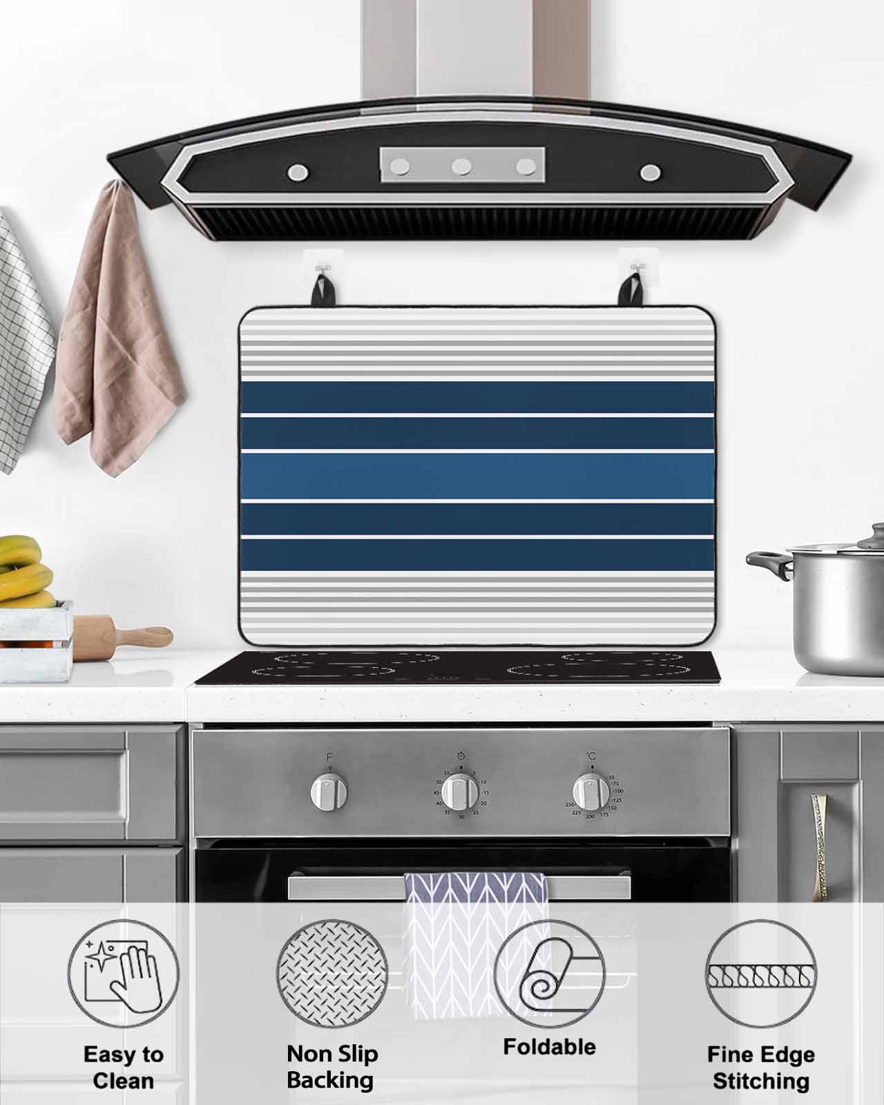 nqOlkjepod Large Induction Cooktop Protector Mat 24"x21", Lake Blue Stripes Stove Top Covers for Electric Stove, Modern Minimalist Gradient Lines Stove Burner Cover Mats, Glass Top Stove Cover