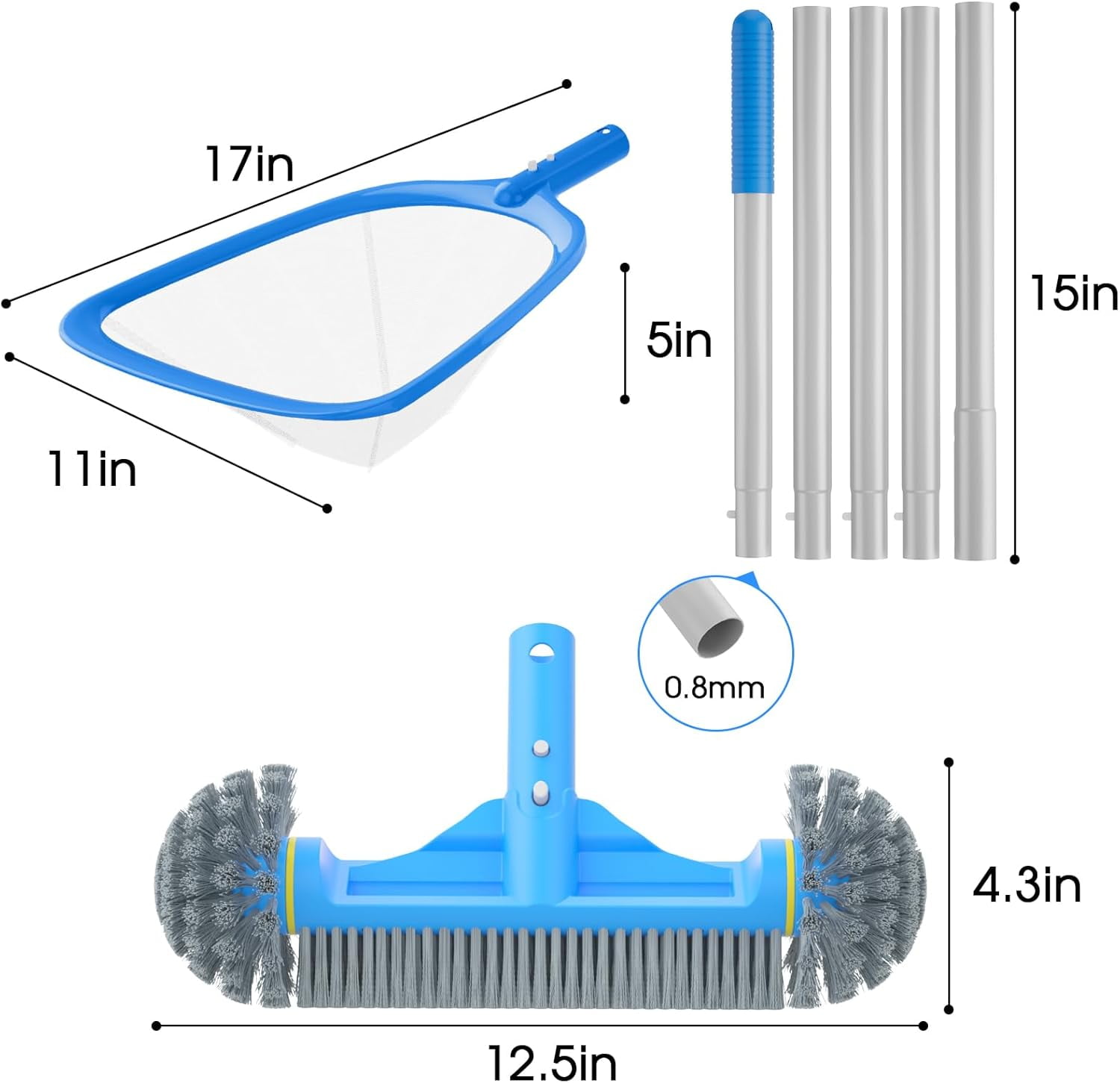 3PCS Pool Cleaning Kit - 12.5'' Pool Brush with Round End & 11'' Pool Skimmer Net Fine Mesh & 5.7 Feet Thick Aluminum Pole 5-Segment, for Above Ground & Inground Pools Ponds
