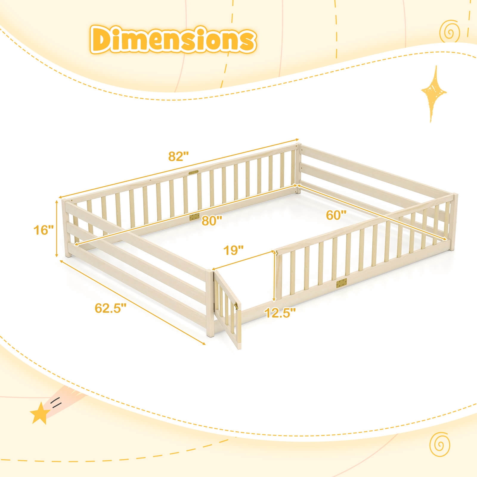Costway Queen Size Floor Bed with Full Length Safety Guardrails & Door for Boys, Girls Natural
