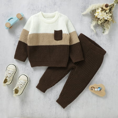 

Hbdhejl Outfit Set For Girls Boys Toddler Kids Baby Color Block Knit Sweater Shirt Top Pants Cotton Warm Fall Clothes Winter Coffee 9-12 Months