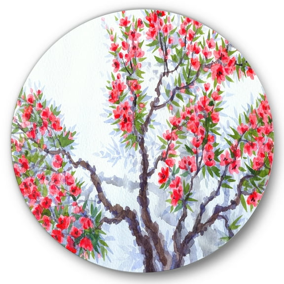 Designart 'Abstract Red Flowers of Spring Tree' Traditional Circle Metal Wall Art 36x36 - Disc of 36