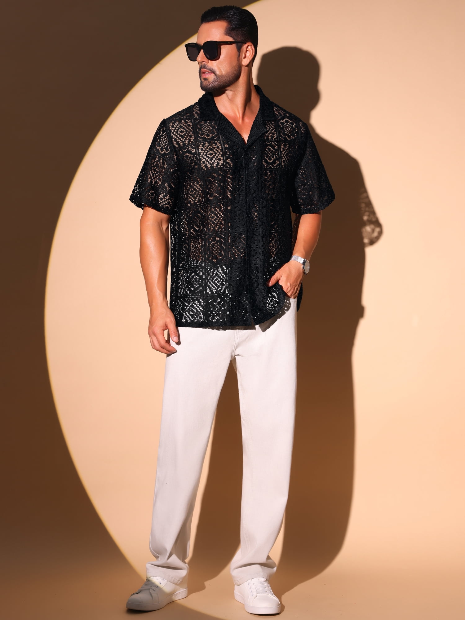 DARING DIVA Men's Hollow Lace Button Down Short Sleeve See Through Mesh Shirts S Black