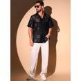 thumbnail image 4 of DARING DIVA Men's Hollow Lace Button Down Short Sleeve See Through Mesh Shirts M Black, 4 of 6