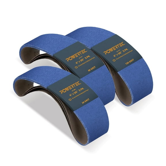 POWERTEC 9PK 4 x 36 Inch Zirconia Sanding Belts, 3 Each of 24/60/120 Grits, Belt Sander Sanding Belt Assortment for Bench Sander, Belt and Disc Sander, Metal Grinding, 443622Z