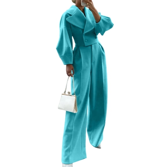 Misright Women's two-piece suit set: double-breasted trench coat with lapel, short blazer, and wide-leg trousers.