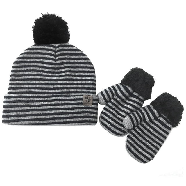 Bonnet à Rayures d'Hiver pour Enfants Bonnet à Pompons Mitaines Gants Ensemble Chaud