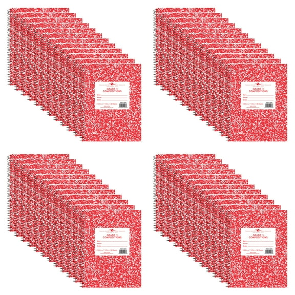 Roaring Spring Composition Notebook, Wirebound Spiral, Grade 3 Ruled, 36 Sheets White Paper, 9.75"x7.75", Red Marble Hard Cover, 24 Notebooks