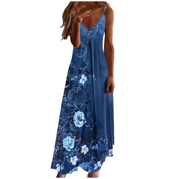 Floral Sundresses for Women Spaghetti Strap V Neck Maxi Dress Summer Casual Long Boho Dresses Beach Vacation Clothes