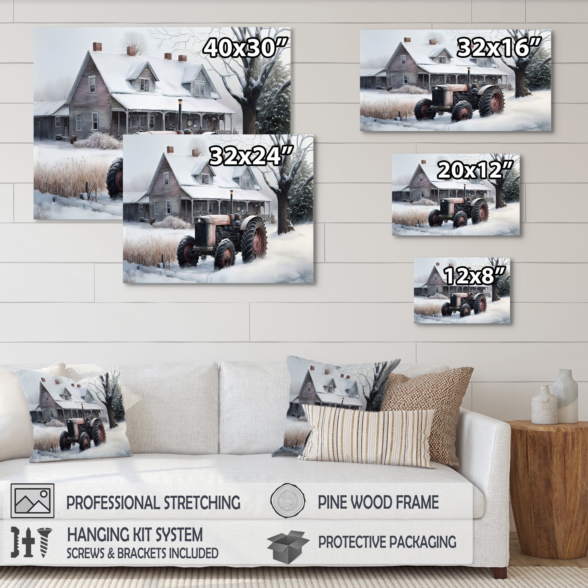 Designart Tractor At The Barn In Winter I Canvas Wall Art