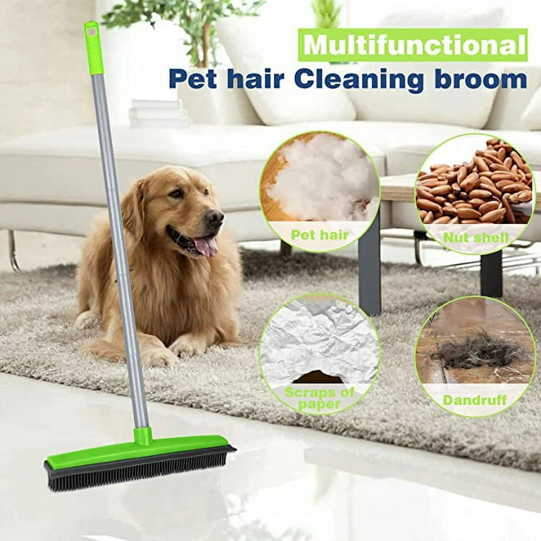 Rubber Broom with Squeegee and Adjustable Long Handle, Pet Hair and Fur  Remover, Carpet Rake and Floor Brush for Hardwood, Tile and Window
