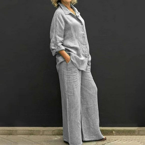 Women Summer 2 Piece Outfits Long Sleeve Top Wide Leg Pants Jumpsuits Matching Beach Sets Pajama Gram Pajama Womens Pajamas Shorts Petite Pajama Bottoms Shorts And Top Pajamas Light Pajamas for Women