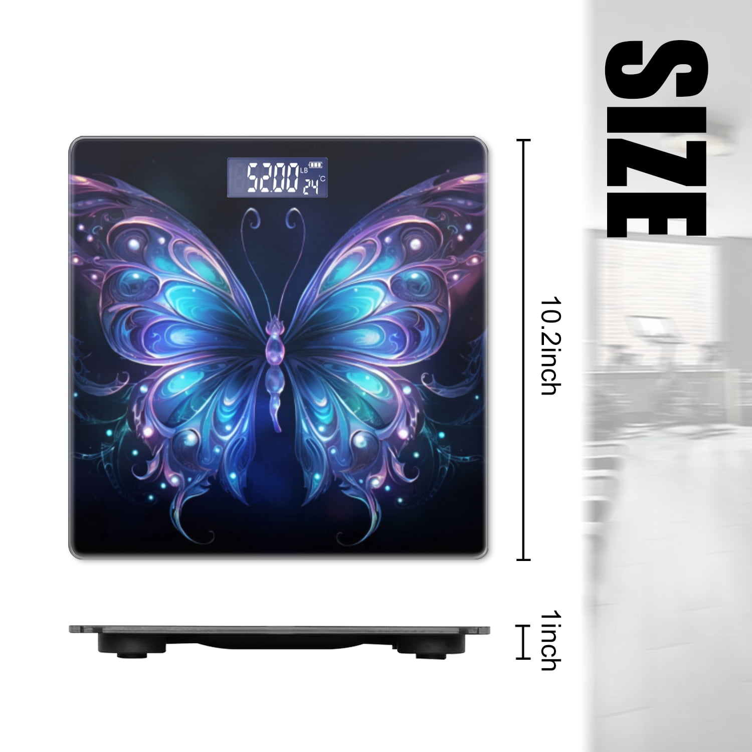 Bathroom Scale, Highly Accurate Digital Body Scale,Precisely Measures Weight up to 400 lbs-Beautiful Glowing Blue And Purple Butterfly With Ornate Wings