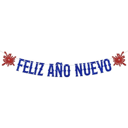 Feliz Anos Nuevo Banner - Spanish 2025 New Year's Eve Party Bunting Sign, Hello 2025, Cheers to 2025, Welcome 2025 Party Decorations Supplies, Red and Blue Glitter