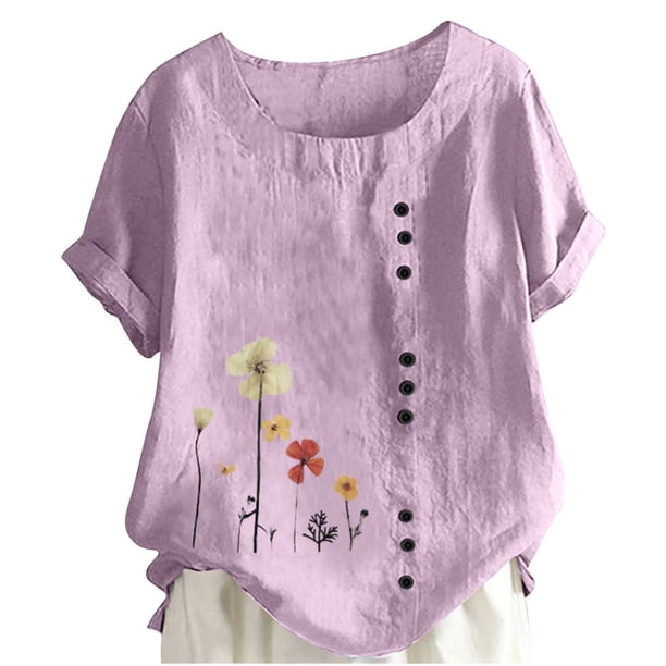 Camiseta Casual de Manga Corta con Botón de Cuello Redondo de las Mujeres, Tops Cortos para las Mujeres