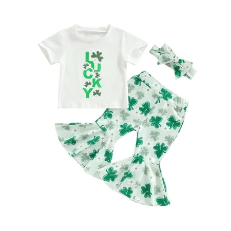 

Canrulo Toddler Baby Girl St. Patrick s Day Outfit Short Sleeve Lucky T-Shirt Clover Flared Pants Headband Set White 2-3 Years