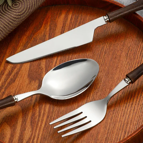 3 PCS Wood Silverware Set, Wood Handle Cutlery Set Stainless Steel Utensi Sets Polished Steak Tableware Spoon Fork Knife set Home Hotel Restaurant