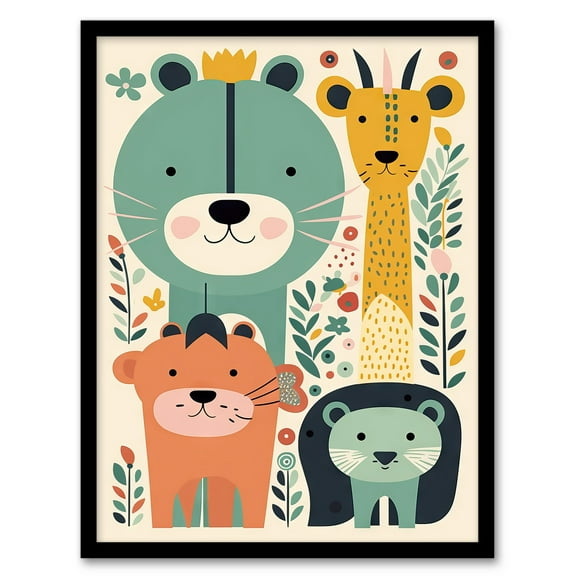 Cute Zoo Animals Pastel Colour Graphic Artwork Jungle Forest Friends Kids Bedroom Painting Art Print Framed Poster Wall Decor 12x16 inch