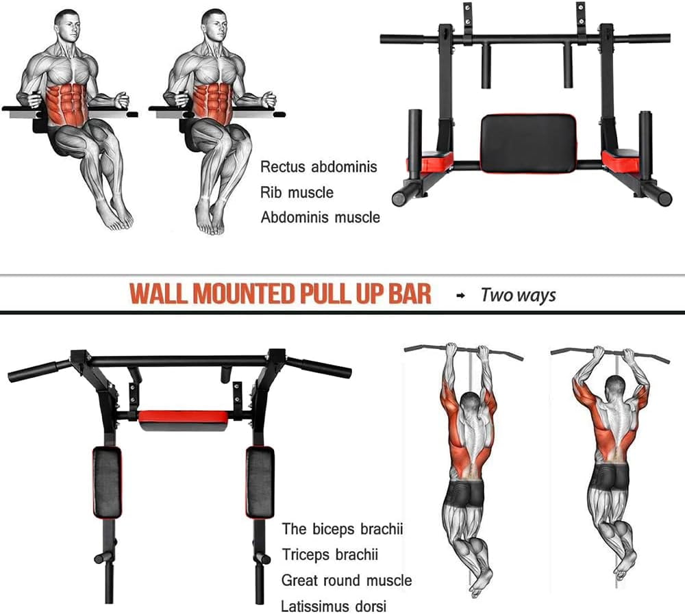 Multi-functional Wall Mounted Pull Up Bar Heavy Duty Chin Up Bar for Home Gym Indoor Upper Body Workout, Power Tower Set Training Equipment Fitness Dip Stand Supports to 440 Lbs