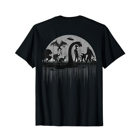 Design on back Loch Ness Bigfoot Mothman Alien Funny Cryptid T-Shirt