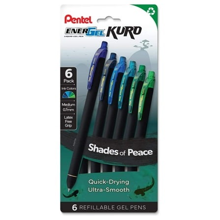 EnerGel Kuro, Shades of Peace, Liquid Gel Pen, 0.7mm, 6-pk
