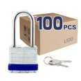 thumbnail image 1 of Lanube Lock Candado con llave laminada (1-9/16"" 40 mm) Candados con llaves iguales Grillete largo Aro de plástico azul marcado Paquete de 100, 1 of 1