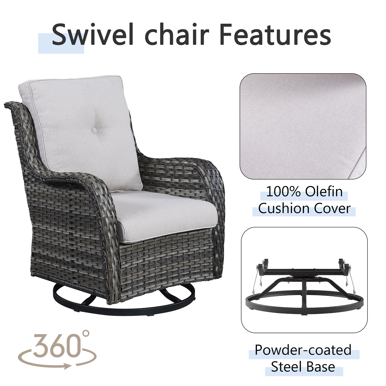 POCASSY 3 Piece Patio Set Outdoor Wicker Glider Rocking and Swivel Chairs with Side Table and Cushions - Patio Wicker Bistro Furniture Set, Gray Rattan & Beige Cushion