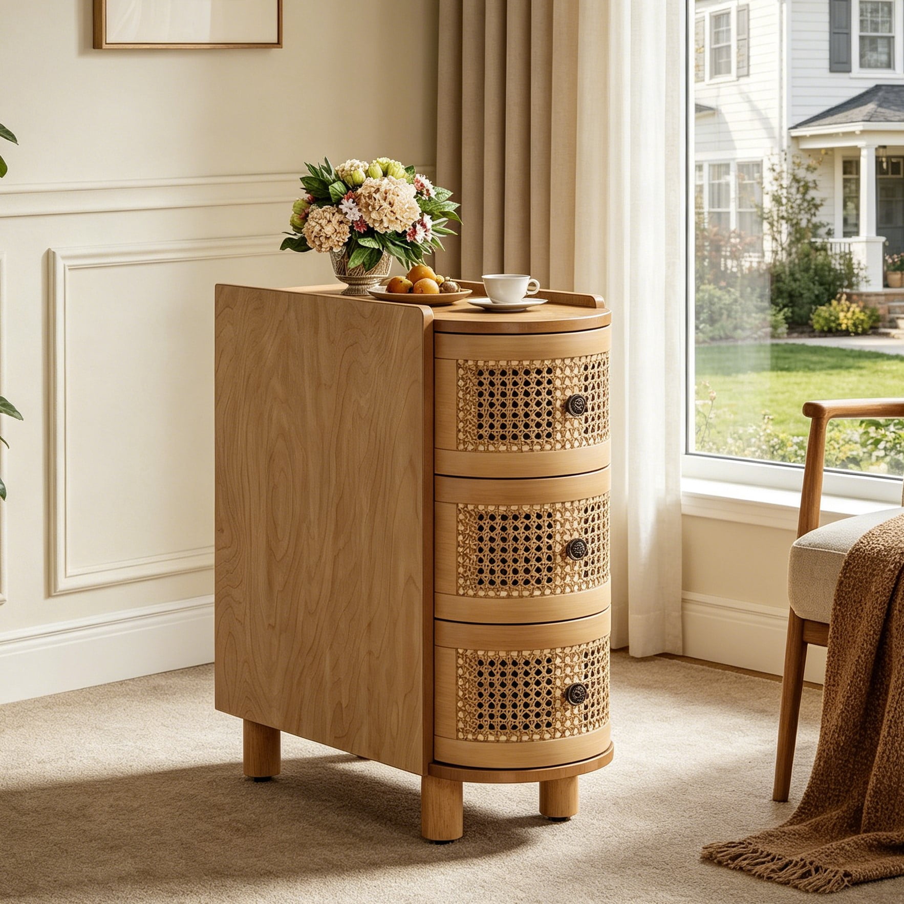 Fnova 26" Solid Wood End Table, Farmhouse Side Table with 3 Rattan Drawers, Slim Sofa Table Nightstand with Vintage Embossed Handles for Living Room, Bedroom, Finished Back, No Assembly