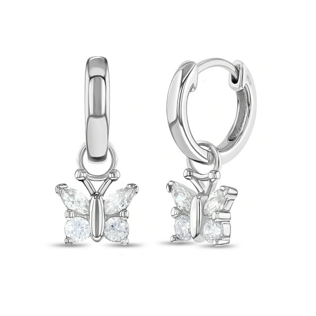 925 Sterling Silver Girls Clear Cubic Zirconia Butterfly Dangle Hoop Earrings