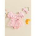 thumbnail image 5 of Aojekbee Infant Baby Girls Summer Romper Dress with Bow Headband 3D Flower Short Puff Sleeve Neck Tulle Jumpsuit, 5 of 10