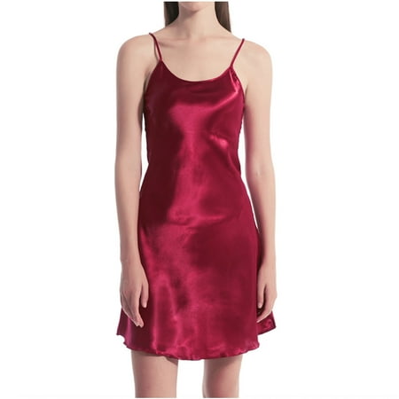 TULUDA Sundresses for Women Lingerie One-piece Long Dress Sling O-Neck Inner Lap Chemise Nightdress Womens Dresses Summer Red M