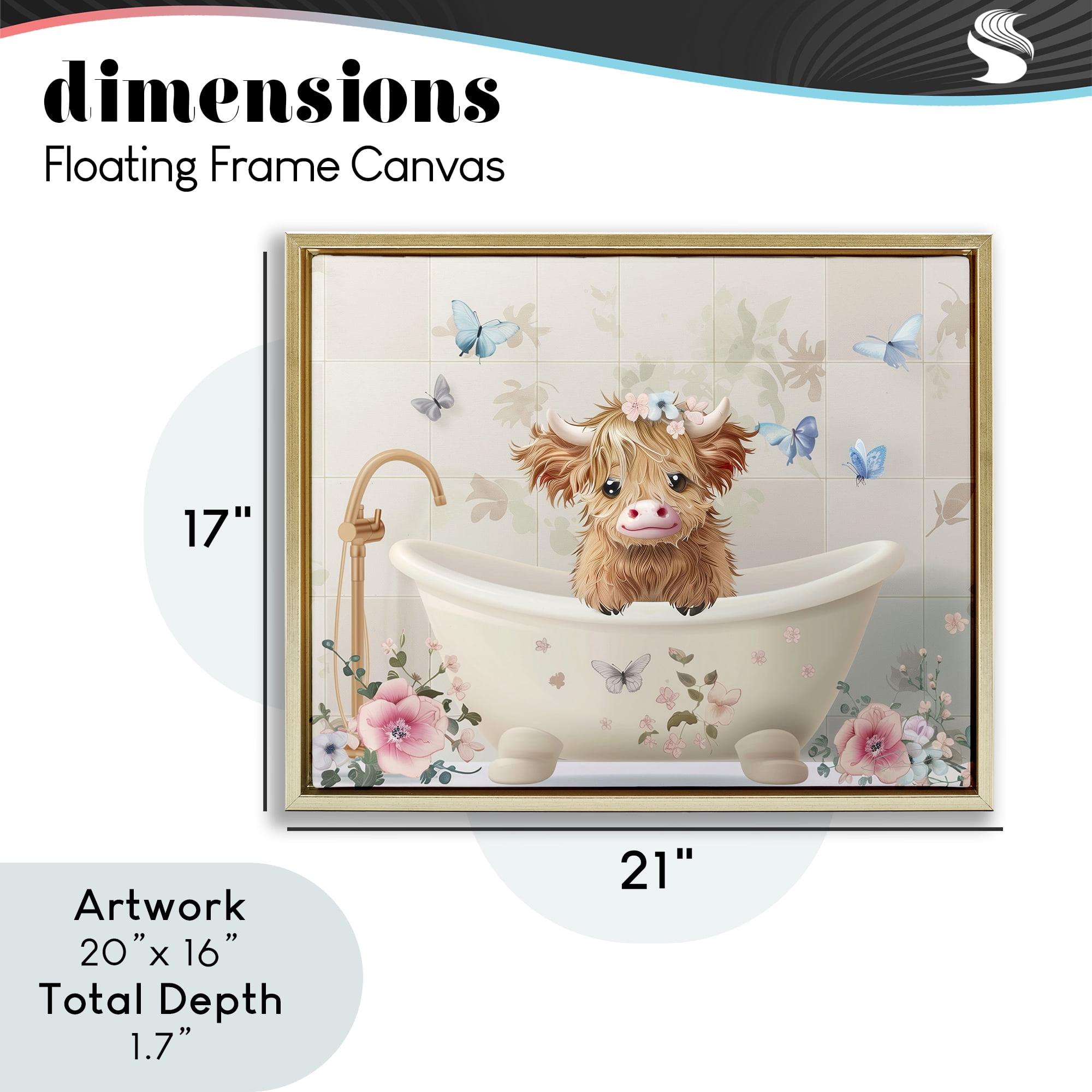 Baby Cattle in Floral Tub Gold Framed Floater Canvas Wall Art, design by Shawna Stewart
